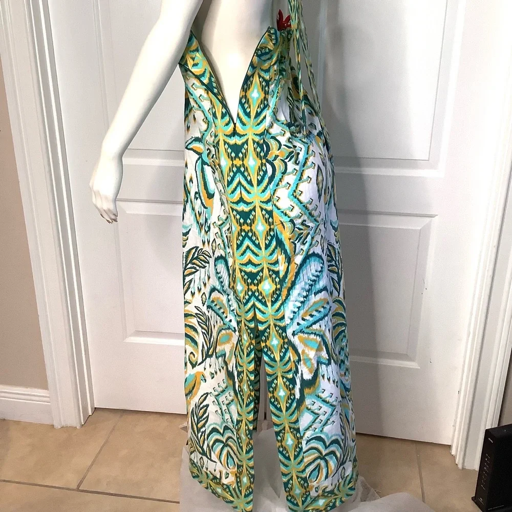 FARM RIO Blue/Greens & Cream Beads Tropical Tapestry Linen Halter Maxi Sundress - Picture 9 of 16